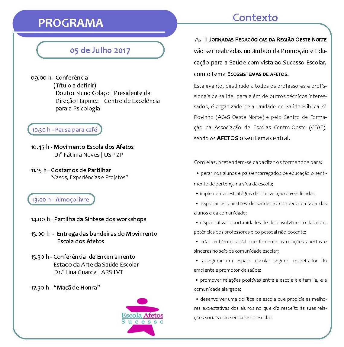 Programa Jornadas Pedagógicas 2017 Curta contéudos